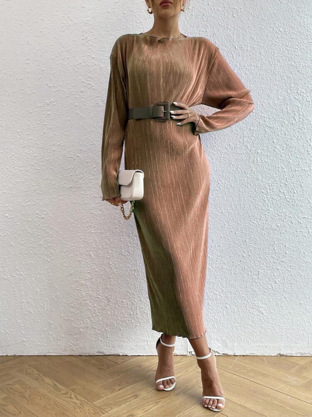 Champagne Pleated Midi Dress Belted Long Sleeve Shimmer Elegant Small